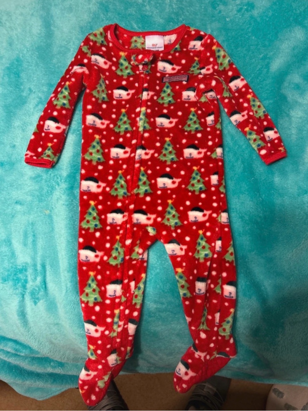 Vineyard Vines Red Holiday Tree & Snowman Fleece Footed Pajamas